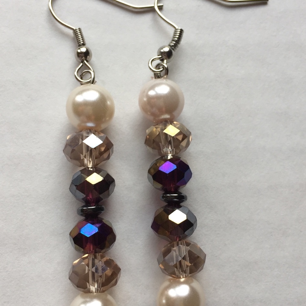 Crystal cut glass purple pearl bead long earrings